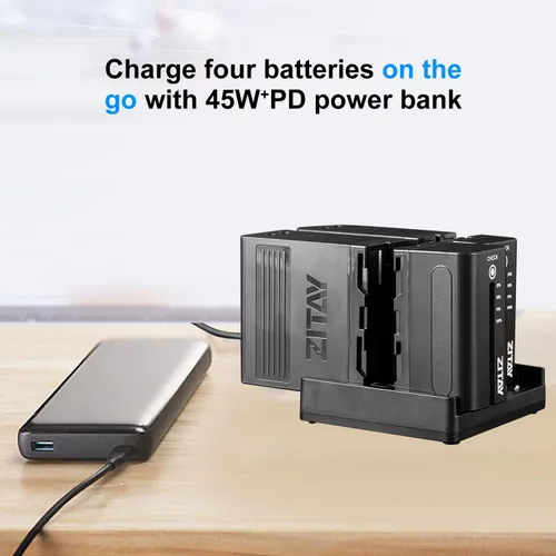 Vista 5 de Estación de carga rápida USB C de 4 canales con adaptador de cargador rápido PD de 65 W para baterías Sony NP-F550, NP-F750, NP-F770, NP-F970