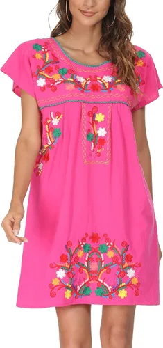 Vista 4 de YZXDORWJ - Vestido mexicano bordado de manga corta para mujer