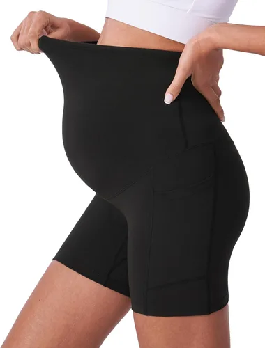 Vista 5 de POSHDIVAH Pantalones cortos de maternidad para mujer de 5 pulgadas 2 piezas negro