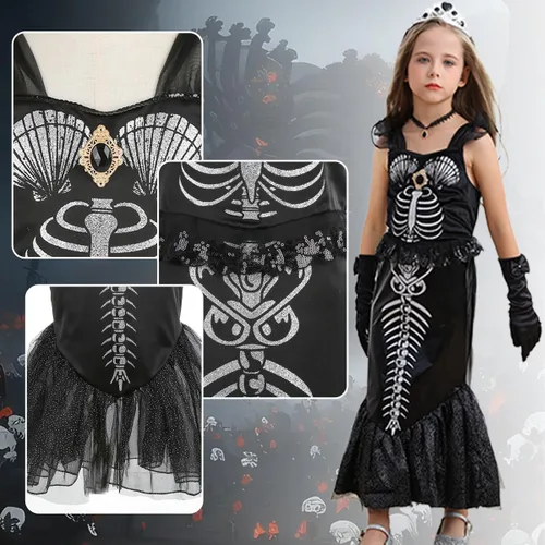Vista 5 de Disfraz de esqueleto de sirena para niñas, vestido negro de princesa Ariel, disfraz de Halloween con accesorios