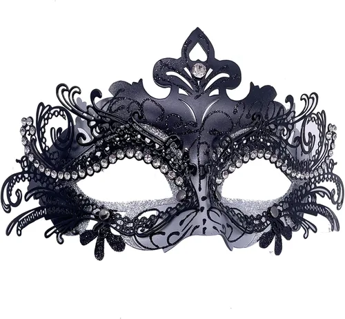 Vista 14 de Máscaras de metal para mujeres/hombres, máscara veneciana de Halloween, máscara de Mardi Gras Negro