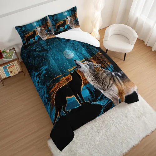 Vista 4 de HOSIMA Edredón de lobo salvaje tamaño individual, ropa de cama con estampado de animales del bosque con 2 fundas de almohada, juego de ropa de cama