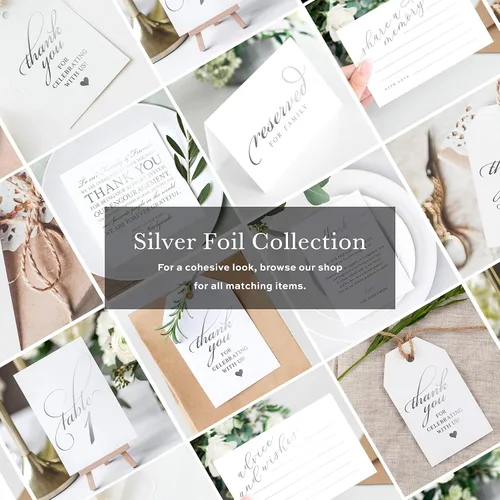 Vista 4 de Bliss Collections Tarjetas de agradecimiento para recepción de boda, paquete de 50 tarjetas de aluminio de plata real, gran adición a tu centro