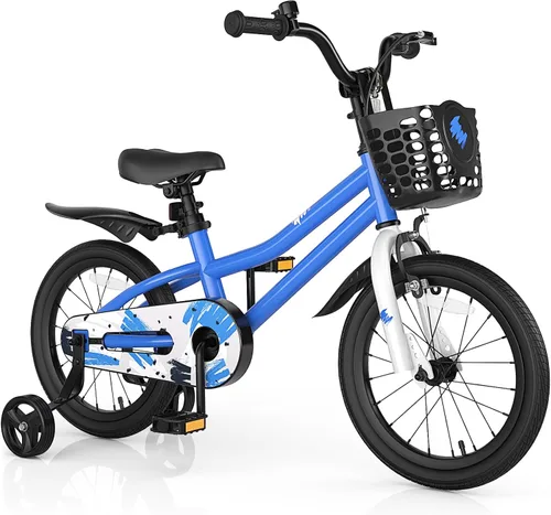 Vista 11 de HONEY JOY Bicicleta para niños, 12, 14, 16, 18, 20 pulgadas, con ruedas de entrenamiento y freno de mano, marco de acero, cadena totalmente cerrada