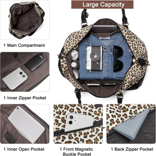 Vista 4 de CLUCI Bolsa de fin de semana para mujer, de cuero, grande, con compartimento para zapatos, Patrón de leopardo con negro