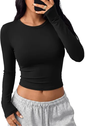 Vista 21 de Trendy Queen Camisetas cortas de manga larga para mujer, camisetas básicas Blanco