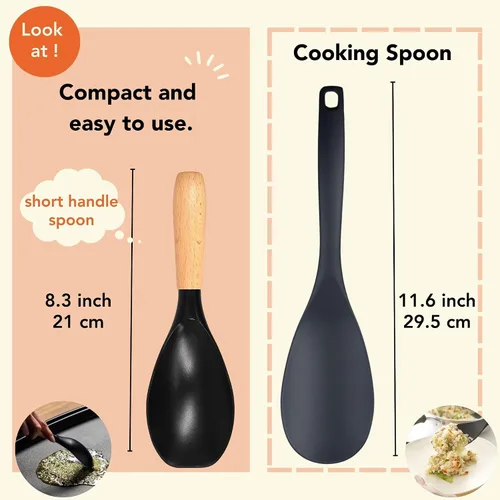 Vista 4 de Seki Japan - Elegante herramienta de cocina, flexible, antiadherente, resistente al calor, cuchara de cocina de nailon con mango de madera