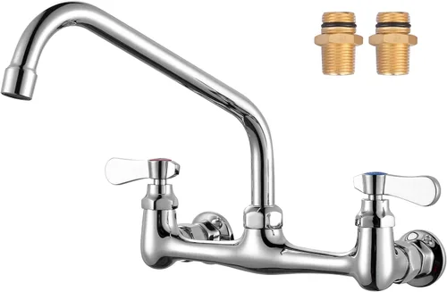 Vista 14 de Grifo de fregadero comercial con boquilla giratoria de cuello de cisne de 6 pulgadas, grifo de cocina de montaje en pared central de 8 pulgadas