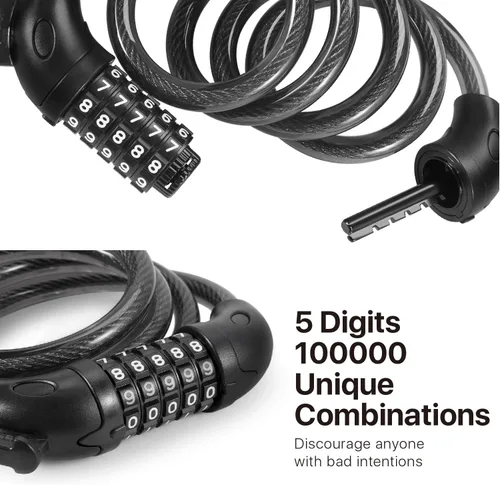 Vista 4 de Flexzion Combinación de cable de bloqueo de bicicleta, cable de bloqueo de bicicleta combinado de 5 dígitos, sin llave, cerradura antirrobo