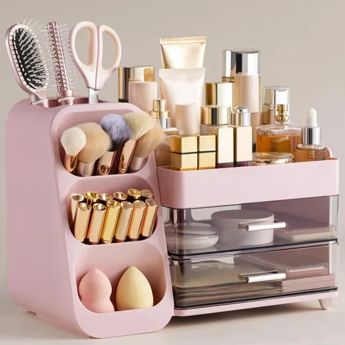Vista 9 de HBlife Organizador de maquillaje con soporte para brochas para tocador, organizador grande de plástico para tocador de baño, almacenamiento