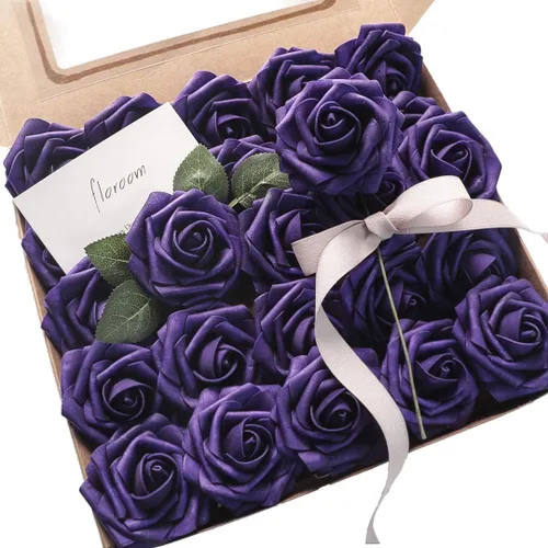 Vista 25 de Floroom Flores artificiales, 25 piezas de rosas falsas de espuma dorada antigua de aspecto real con tallos para ramos de boda DIY, centros de mesa