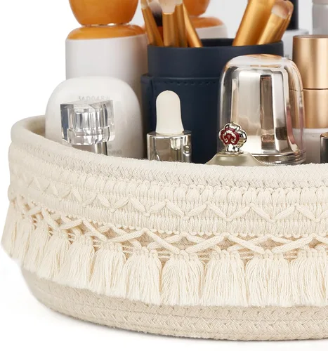 Vista 5 de Mkono Organizador de maquillaje de 3 piezas, cestas de almacenamiento de macramé, decoración bohemia
