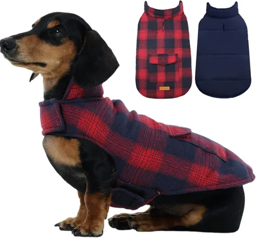 Vista 22 de Kuoser - Abrigo de invierno para perro reversible de estilo británico, abrigo de clima frío para cachorros, ropa resistente al viento, chaleco