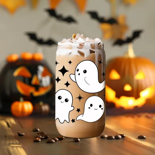Vista 6 de Coolife Taza fantasma de Halloween, vaso de vidrio de 16 onzas con tapas y pajitas, taza de café helado espeluznante para batidos, bonitos regalos