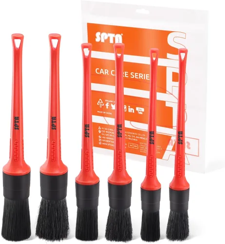 Vista 12 de SPTA juego de cepillos para detalle de coche, pack de 5 cepillos suaves de pelo de jabalí con codo para limpieza automotriz elegante de superficies