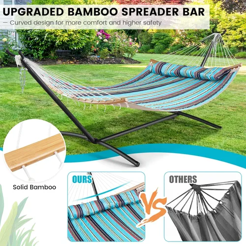 Vista 5 de Tangkula Hamaca doble de 11 pies, hamaca resistente para exteriores con barras esparcidoras curvas, almohada desmontable, hamacas para 2 personas