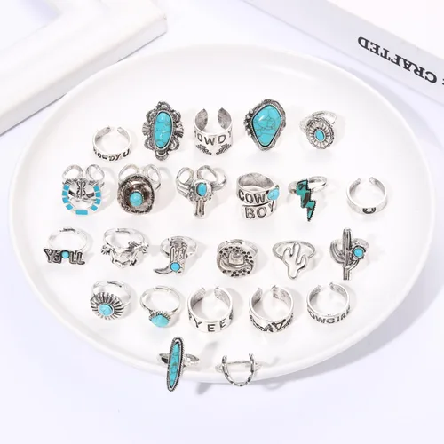 Vista 3 de Juego de 25 anillos de nudillos plateados vintage para mujeres y hombres, vaquera occidental, apilables, anillos midi abiertos apilables, anillos