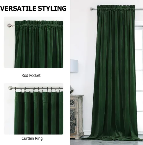 Vista 5 de Benedeco Cortinas de terciopelo verde oscuro para ventana de dormitorio, cortinas de lujo súper suaves, cortinas de oscurecimiento de la habitación