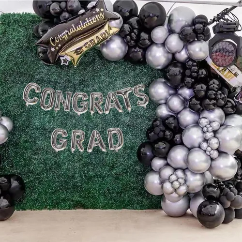 Vista 4 de Globos negros y plateados, 65 globos de látex metálicos cromados plateados y negros de 12 pulgadas para decoración de cumpleaños, graduación