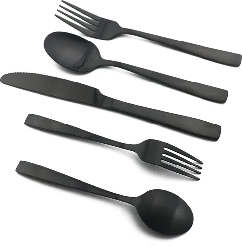 Vista 6 de JASHII Juego de cubiertos de acero inoxidable negro mate, cubiertos cuadrados para 4, utensilios de cocina, restaurante, fiesta, comer, vajilla