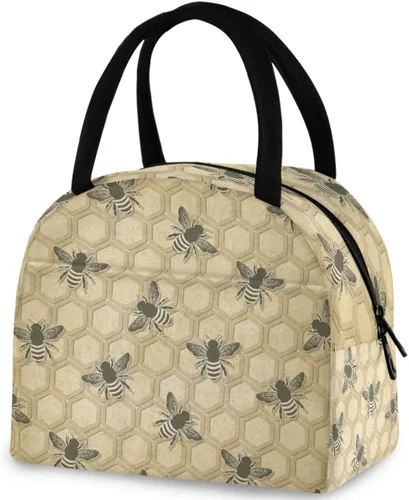 Vista 2 de Bolsa de almuerzo reutilizable con diseño de panal de abeja vintage, con bolsillo frontal, cierre de cremallera, bolsa térmica térmica