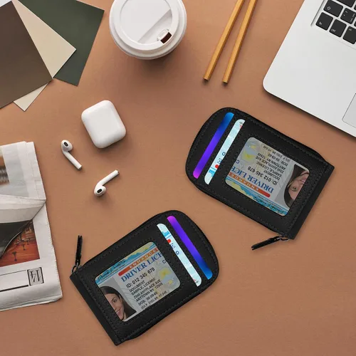 Vista 29 de RFID mini organizador de tarjetas de crédito, cuero auténtico, billetera compacta con visor de identificación, S, Negro