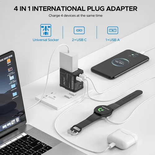Vista 5 de Adaptador de viaje universal de 30 W GaN, KEY POWER Adaptador de corriente internacional todo en uno con 2 USB-C y 1 USB-A, convertidor de enchufe