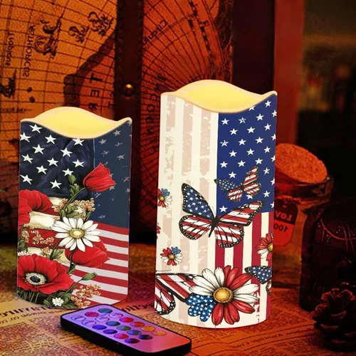 Vista 5 de Jeiento American Flag Flameless Candles 4 Pack 4th of July Home Decoration Flower American Flag LED Candles Battery Operated with Timer Remote