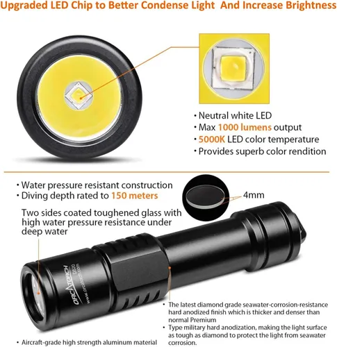 Vista 4 de orcatorch D520 linterna de buceo Luz 1000 lúmenes Submarino Luz 150M Equipo de buceo impermeable luces de seguridad para buceo, Luz de buceo