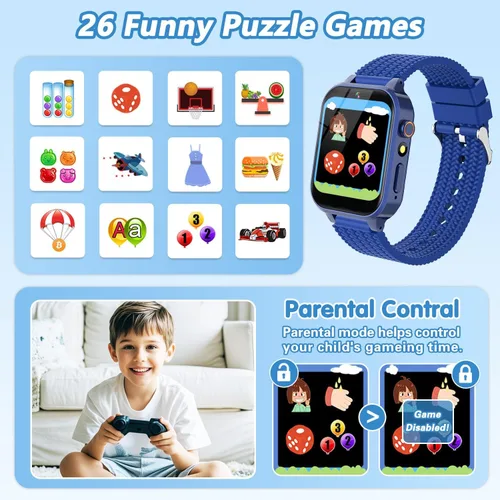 Vista 3 de Reloj inteligente para niños, regalo para niños de 3 a 12 años, 2 protectores de pantalla, 26 juegos de rompecabezas, cámara HD, video, reproductor
