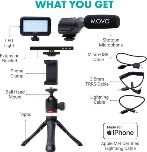 Vista 2 de Kit de vlogging Movo iVlogger para iPhone - Compatible con Lightning, kit de iniciación de YouTube para creadores de contenido - Accesorios: trípode