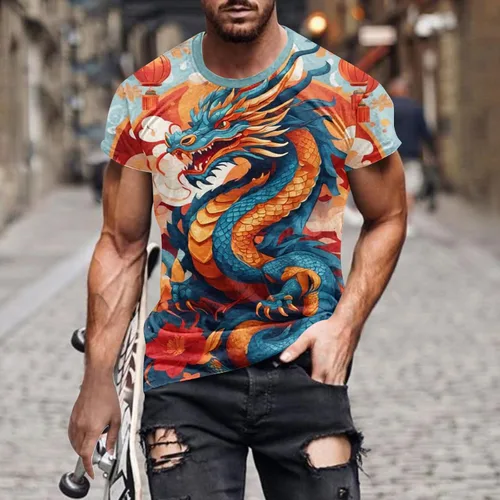 Vista 2 de Camisetas para hombre Dragon 2024 Graphic Tees Casual Manga Corta Tallas Grandes Tops Novedad Camiseta divertida Cuello redondo Camiseta