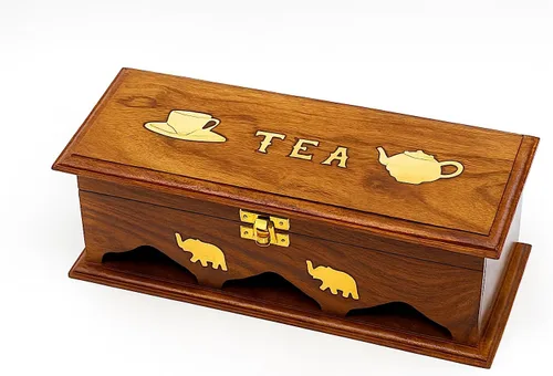 Vista 2 de Organizador de caja de té de palisandro hecho a mano con incrustaciones de latón, baúl de almacenamiento de 3 compartimentos para bolsas de té