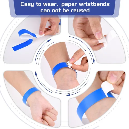 Vista 4 de 500 pulseras de papel azul para eventos, impermeables, de neón, pulseras adhesivas de identificación de conciertos, bandas de mano para eventos