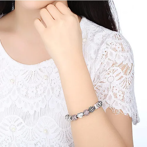 Vista 7 de Muerdou - Pulsera con dijes de mariposa y flor y cuentas de cristal de Murano para niñas y mujeres