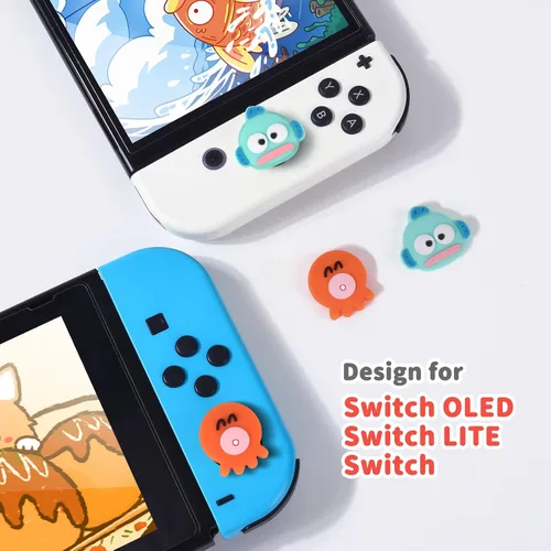 Vista 2 de DLseego Octopus & Fish Man - 4 tapas de agarre para el pulgar regular SwitchSwitch LiteSwitch OLED Joy Con Joystick de silicona suave, lindo