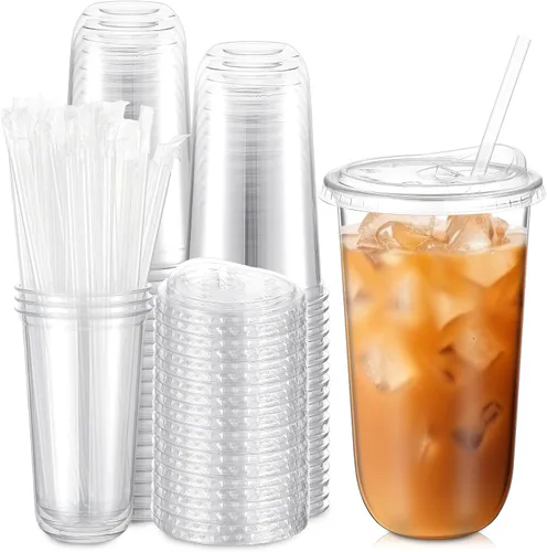 Vista 14 de Ziliny Paquete de 25 vasos de plástico transparente de 12 onzas con tapas para sorbos y pajitas, tazas desechables para café helado de cristal