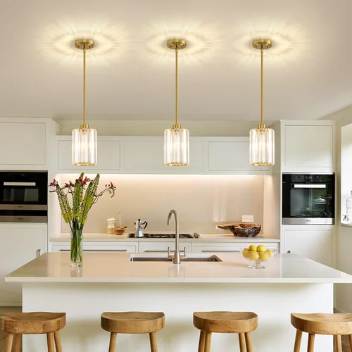 Vista 8 de Paquete de 2 luces colgantes para isla de cocina, modernas lámparas colgantes doradas, mini candelabro de cristal para isla de cocina, lámparas
