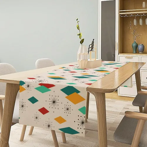 Vista 2 de Camino de mesa de mediados de siglo, moderno patrón atómico absctract geométrico retro de los años 1950 y 1960 S para decoración de mesa del hogar