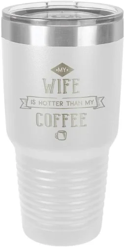 Vista 21 de Taza de viaje de acero inoxidable con popote y tapa superior deslizante My Wife Is Hot Than My Coffee Black de 30 onzas
