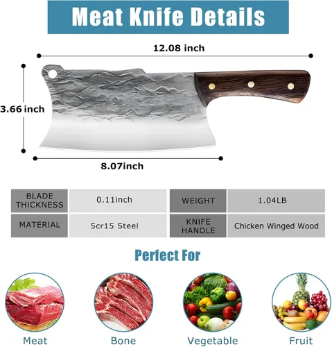 Vista 2 de ZENG Cuchillo de carnicero, cuchillo chino, cuchillo de carnicero resistente, cuchillo de cocina de acero de alto carbono, para cocina, campamento