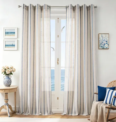 Vista 65 de DriftAway Cortinas de estilo granja con rayas verticales de lino mezclado texturizado con filtro de luz semitransparente para sala de estar