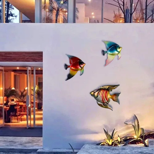 Vista 2 de FANWNKI Juego de 3 esculturas de metal para decoración de pared de peces para exteriores, interiores, para colgar en la piscina, hogar, porche