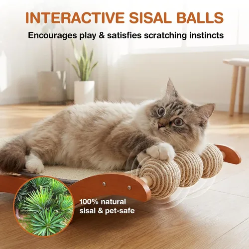 Vista 5 de Cama rascador para gatos 3 en 1 extragrande con 3 bolas de sisal interactivas, poste rascador de madera maciza con juguete, hamaca resistente