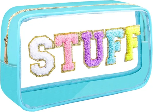 Vista 9 de Preppy Patch STUFF - Bolsa de maquillaje con letras de chenilla para mujeres, bolsa de PVC transparente con cremallera, bolsa de parches