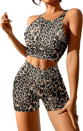 Vista 2 de JZC Conjuntos de entrenamiento para mujer, 2 piezas, acanalados, sin costuras, pantalones cortos de cintura alta, trajes de yoga