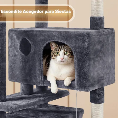 Vista 5 de Yaheetech - Torre de árbol para gatos de 62 pulgadas, torre para gatitos de interior, muebles para mascotas con doble refugio, postes para rascar