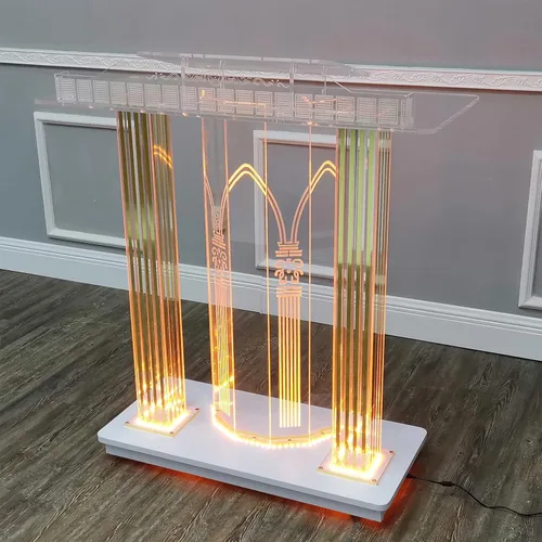 Vista 5 de Púlpito de la iglesia, podio de oro acrílico con rodillos con luces LED, plataforma de lectura vertical, entrada, embajadas, colegios y conferencias