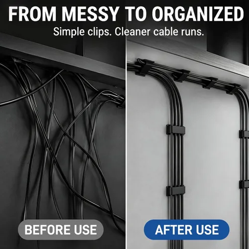 Vista 6 de Paquete de 50 clips autoadhesivos para organizar cables, organizadores de cables, soportes de cable para TV, PC, portátil, cable Ethernet 27B negro