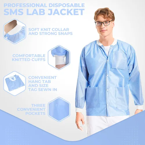 Vista 44 de Paquete de 10 chaquetas desechables de laboratorio, chaqueta médica reutilizable hasta la cadera, unisex, con puños de punto y bolsillos